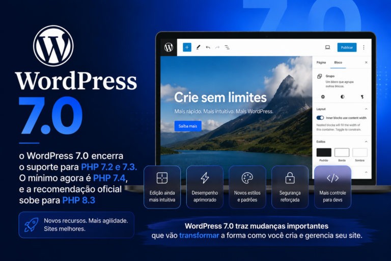 o WordPress 7.0 encerra o suporte para PHP 7.2 e 7.3. O mínimo agora é PHP 7.4, e a recomendação oficial sobe para PHP 8.3.